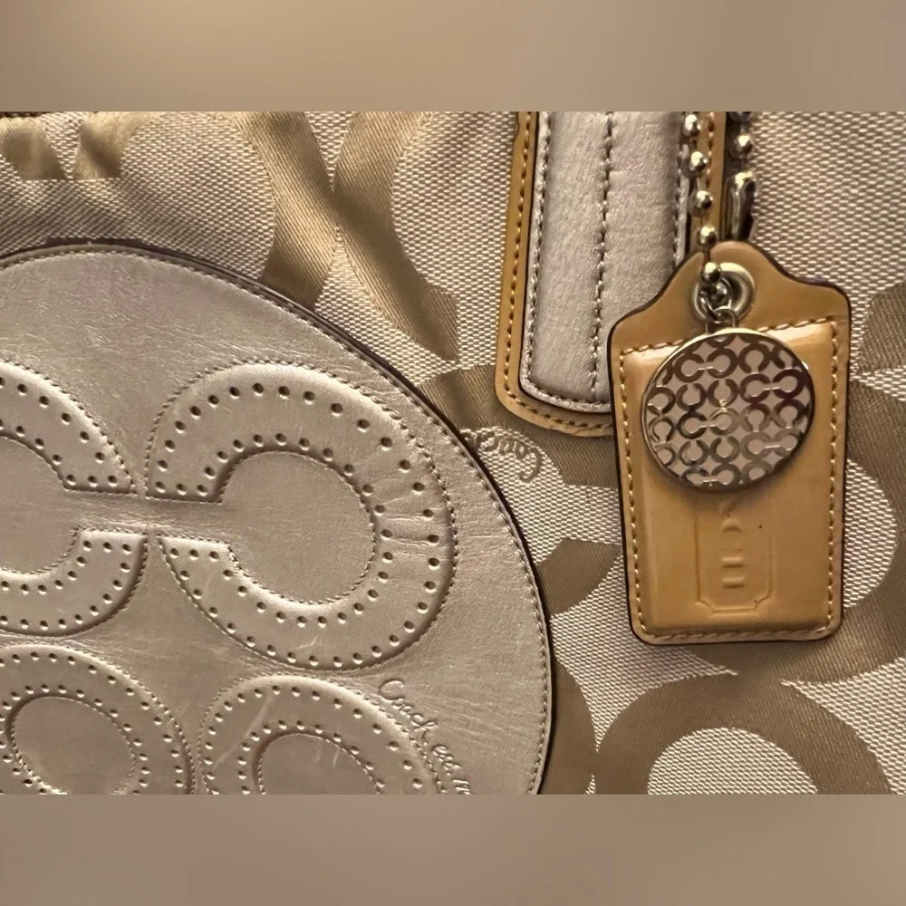 Coach Colette Opt Art Logo Gold Canvas Leather Large Tote Bag—read description